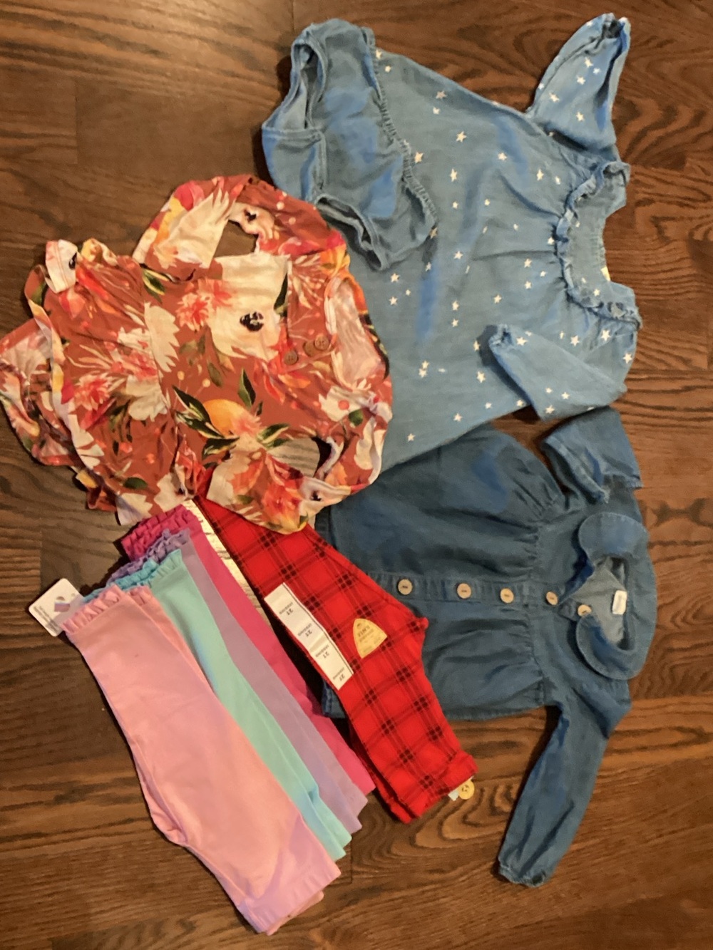 Bundle of 3 outfits - Denim dresses; leggings and Romper 18, 24 &- 2T